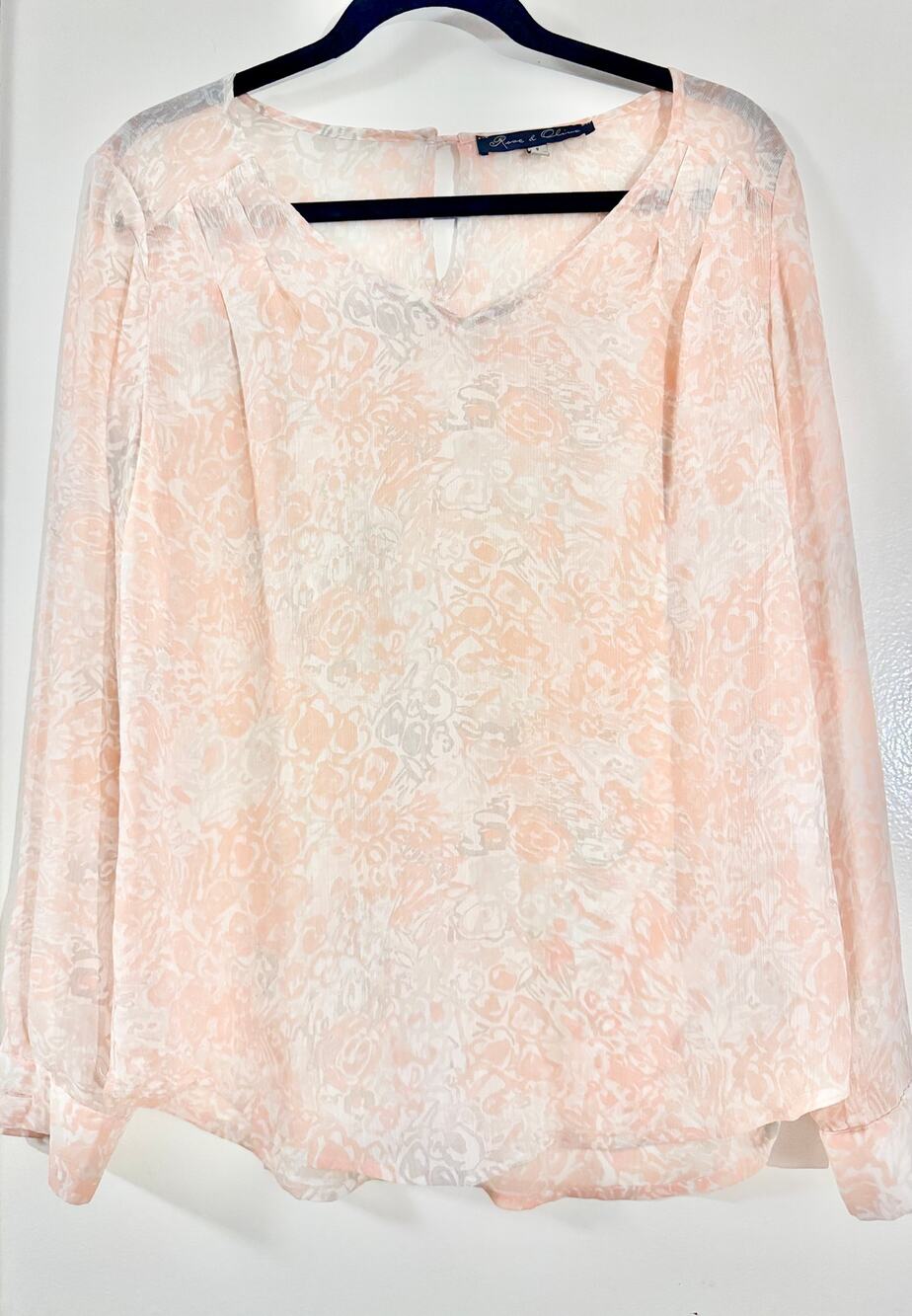 Sheer Floral Blouse Long Sleeve Pink White Rose & Olive Small Coquette Romantic